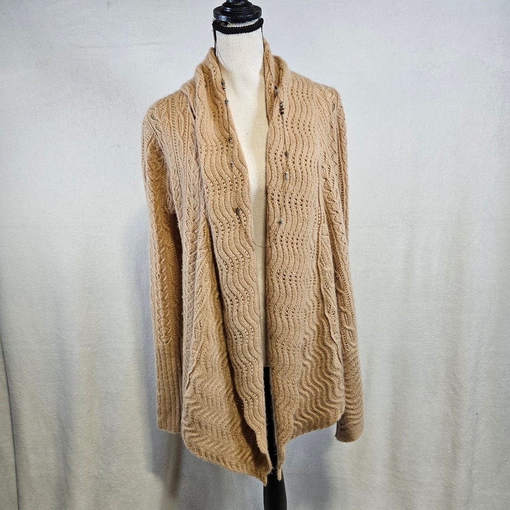 Calypso St Barth Tan 100% Cashmere Cable Knit Open Front Cardigan Sweater Small